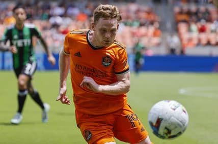 Apr 30, 2022; Houston, Texas, USA; Houston Dynamo FC forward Tyler Pasher (19) in action during the match against the Austin FC at PNC Stadium. Mandatory Credit: Troy Taormina-USA TODAY Sports