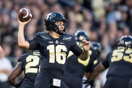 Sep 1, 2022; West Lafayette, Indiana, USA;  Purdue Boilermakers quarterback Aidan O'Connell (16) passes the ball in the first quarter against the Penn State Nittany Lions  at Ross-Ade Stadium. Mandatory Credit: Trevor Ruszkowski-USA TODAY Sports