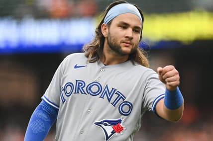 Sep 5, 2022; Baltimore, Maryland, USA;  Toronto Blue Jays shortstop Bo Bichette (11) stand son the field during the first inning against the Baltimore Orioles at Oriole Park at Camden Yards. Mandatory Credit: Tommy Gilligan-USA TODAY Sports