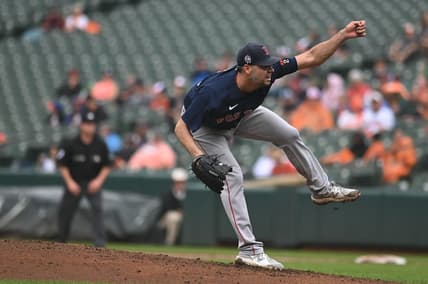 Sep 11, 2022; Baltimore, Maryland, USA;  Boston Red Sox starting pitcher Rich Hill (44) reacts after throwing a fourth inning pitch against the Baltimore Orioles at Oriole Park at Camden Yards. Mandatory Credit: Tommy Gilligan-USA TODAY Sports