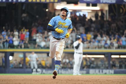 Sep 17, 2022; Milwaukee, Wisconsin, USA;  Milwaukee Brewers shortstop Willy Adames (27) rounds the bases after hitting a home run against the New York Yankees in the third inning at American Family Field. Mandatory Credit: Michael McLoone-USA TODAY Sports
