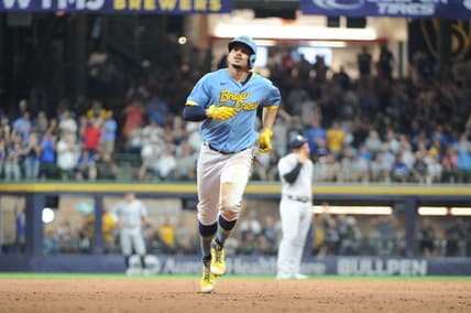 Sep 17, 2022; Milwaukee, Wisconsin, USA;  Milwaukee Brewers shortstop Willy Adames (27) rounds the bases after hitting a home run against the New York Yankees in the third inning at American Family Field. Mandatory Credit: Michael McLoone-USA TODAY Sports