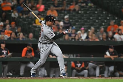 Sep 19, 2022; Baltimore, Maryland, USA; Detroit Tigers designated hitter Miguel Cabrera (24) swings through a fourth inning single against the Baltimore Orioles  at Oriole Park at Camden Yards. Mandatory Credit: Tommy Gilligan-USA TODAY Sports