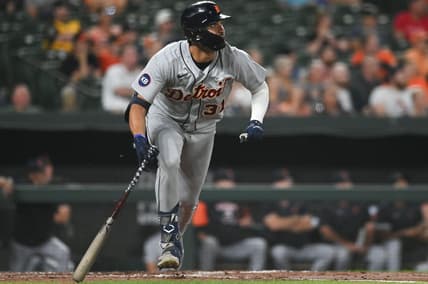 Sep 19, 2022; Baltimore, Maryland, USA; Detroit Tigers center fielder Riley Greene (31) this a rbi single in the fourth inning against the Baltimore Orioles  at Oriole Park at Camden Yards. Mandatory Credit: Tommy Gilligan-USA TODAY Sports