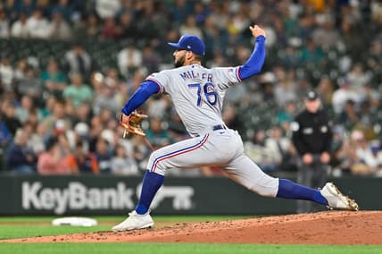 Sep 27, 2022; Seattle, Washington, USA; Texas Rangers starting pitcher Tyson Miller (76) pitches to the Seattle Mariners during the fourth inning at T-Mobile Park. Mandatory Credit: Steven Bisig-USA TODAY Sports