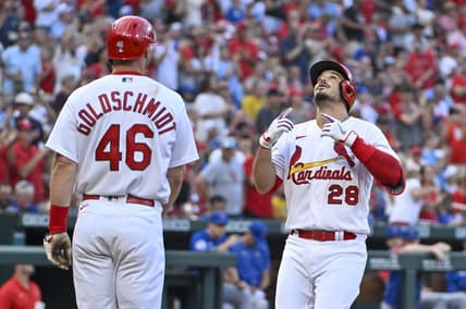 Aug 4, 2022; St. Louis, Missouri, USA;  St. Louis Cardinals third baseman Nolan Arenado (28) celebrates with designated hitter Paul Goldschmidt (46) after hitting a two run home run against the Chicago Cubs during the first inning at Busch Stadium. Mandatory Credit: Jeff Curry-USA TODAY Sports