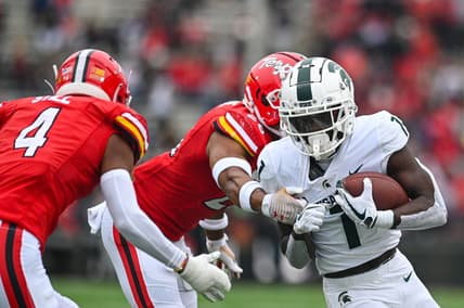 Oct 1, 2022; College Park, Maryland, USA; Michigan State Spartans wide receiver Jayden Reed (1) runs after the catch during the first half against the Maryland Terrapins  at Capital One Field at Maryland Stadium. Mandatory Credit: Tommy Gilligan-USA TODAY Sports