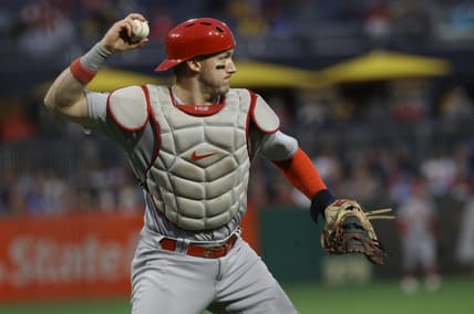 Oct 3, 2022; Pittsburgh, Pennsylvania, USA;  St. Louis Cardinals catcher Andrew Knizner (7) throws to first base to retire Pittsburgh Pirates third baseman Ke'Bryan Hayes (not pictured) during the first inning at PNC Park. Mandatory Credit: Charles LeClaire-USA TODAY Sports