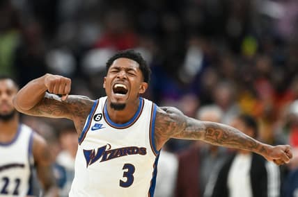 Oct 21, 2022; Washington, District of Columbia, USA;  Washington Wizards guard Bradley Beal (3) reacts after hitting the eventual game winning basket against the Chicago Bulls  at Capital One Arena. Mandatory Credit: Tommy Gilligan-USA TODAY Sports