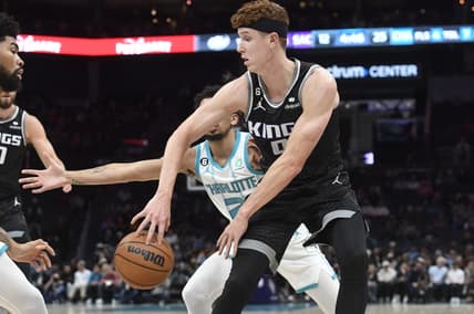 Oct 31, 2022; Charlotte, North Carolina, USA; Sacramento Kings guard forward Kevin Huerter (9) passes during the first half against the Charlotte Hornets at the Spectrum Center. Mandatory Credit: Sam Sharpe-USA TODAY Sports