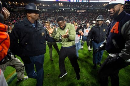 Auburn Tigers interim head coach Carnell "Cadillac" Williams celebrates after the game as Auburn Tigers take on Texas A&M Aggies at Jordan-Hare Stadium in Auburn, Ala., on Saturday, Nov. 12, 2022. Auburn Tigers defeated Texas A&M Aggies 13-10.