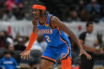Nov 16, 2022; Washington, District of Columbia, USA;  Oklahoma City Thunder guard Shai Gilgeous-Alexander (2) defends during the first half against the Washington Wizards at Capital One Arena. Mandatory Credit: Tommy Gilligan-USA TODAY Sports