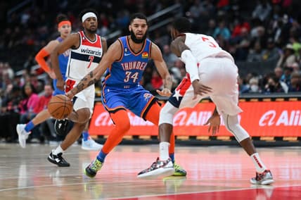 Nov 16, 2022; Washington, District of Columbia, USA;  Oklahoma City Thunder forward Kenrich Williams (34) makes a move to the basket on h5] during the first half at Capital One Arena. Mandatory Credit: Tommy Gilligan-USA TODAY Sports
