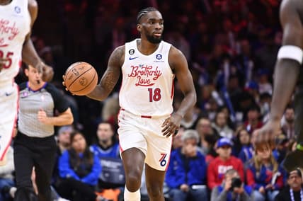 Nov 19, 2022; Philadelphia, Pennsylvania, USA; Philadelphia 76ers guard Shake Milton (18) dribbles against the Minnesota Timberwolves in the third quarter at Wells Fargo Center. Mandatory Credit: Kyle Ross-USA TODAY Sports