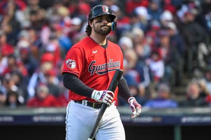 Oct 8, 2022; Cleveland, Ohio, USA; Cleveland Guardians catcher Austin Hedges (17) reacts after striking out against the Tampa Bay Rays in the eighth inning during game two of the Wild Card series for the 2022 MLB Playoffs at Progressive Field. Mandatory Credit: Ken Blaze-USA TODAY Sports