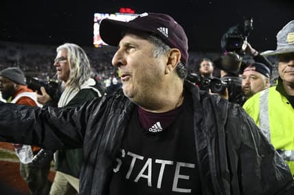 Nov 24, 2022; Oxford, Mississippi, USA; Mississippi State Bulldogs head coach Mike Leach walks onto the field  after the game against the Ole Miss Rebels at Vaught-Hemingway Stadium. Mandatory Credit: Matt Bush-USA TODAY Sports
