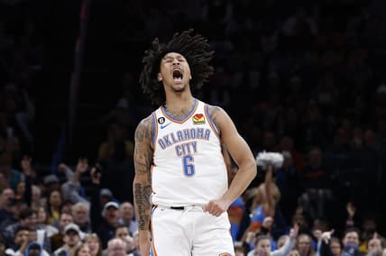 Dec 17, 2022; Oklahoma City, Oklahoma, USA; Oklahoma City Thunder forward Jaylin Williams (6) celebrates after a basket against the Memphis Grizzlies during the second quarter at Paycom Center. Mandatory Credit: Alonzo Adams-USA TODAY Sports