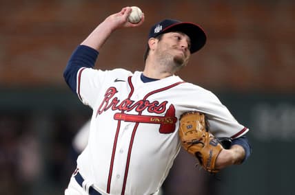 Oct 30, 2021; Atlanta, Georgia, USA; Atlanta Braves relief pitcher Luke Jackson (77) throws against the Houston Astros during the eighth inning of game four of the 2021 World Series at Truist Park. Mandatory Credit: Brett Davis-USA TODAY Sports