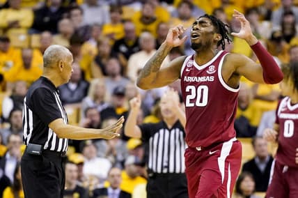 Jan 18, 2023; Columbia, Missouri, USA; Arkansas Razorbacks forward Kamani Johnson (20) reacts after a foul call during the second half against the Missouri Tigers at Mizzou Arena. Mandatory Credit: Jay Biggerstaff-USA TODAY Sports