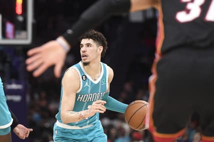 Jan 29, 2023; Charlotte, North Carolina, USA; Charlotte Hornets guard LaMelo Ball (1) looks to pass during the second half against the Miami Heat at the Spectrum Center. Mandatory Credit: Sam Sharpe-USA TODAY Sports