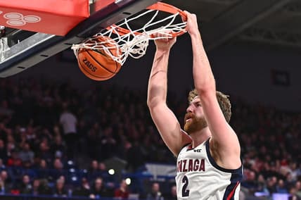 Feb 2, 2023; Spokane, Washington, USA; Gonzaga Bulldogs forward Drew Timme (2) dunks the ball against the Santa Clara Broncos in the second half at McCarthey Athletic Center. Gonzaga won 88-70. Mandatory Credit: James Snook-USA TODAY Sports