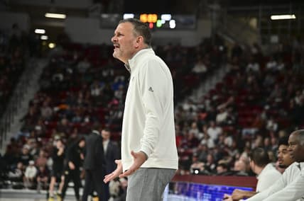 Feb 4, 2023; Starkville, Mississippi, USA; Mississippi State Bulldogs head coach Chris Jans  reacts after a play during the first half of the game against the Missouri Tigers  at Humphrey Coliseum. Mandatory Credit: Matt Bush-USA TODAY Sports