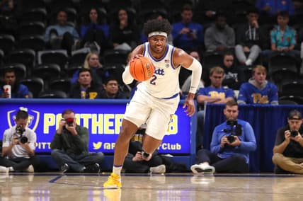 Pittsburgh Panthers Blake Hinson dribbles downcourt during the first half against the Louisville Cardinals on February 7, 2023 at the Petersen Events Center in Pittsburgh, PA.

Pittsburgh Panthers Vs Louisville Mens Basketball
