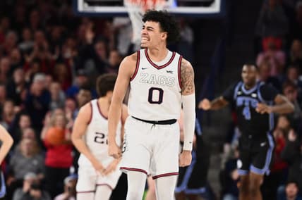 Feb 11, 2023; Spokane, Washington, USA; Gonzaga Bulldogs guard Julian Strawther (0) reacts after a play against the Brigham Young Cougars in the second half at McCarthey Athletic Center. Gonzaga won 88-81. Mandatory Credit: James Snook-USA TODAY Sports