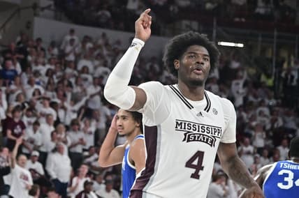 Feb 15, 2023; Starkville, Mississippi, USA; Mississippi State Bulldogs guard Cameron Matthews (4) reacts after dunking the ball against the Kentucky Wildcats during the second half at Humphrey Coliseum. Mandatory Credit: Matt Bush-USA TODAY Sports