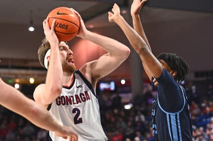 Feb 23, 2023; Spokane, Washington, USA; Gonzaga Bulldogs forward Drew Timme (2) shoots the ball against San Diego Toreros center Steven Jamerson II (25) in the first half at McCarthey Athletic Center. Mandatory Credit: James Snook-USA TODAY Sports