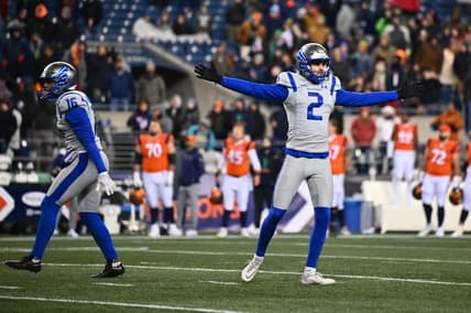 Feb 23, 2023; Seattle, WA, USA; St. Louis Battlehawks kicker Donny Hageman (2) celebrates after kicking the game-winning field goal against the Seattle Sea Dragons at Lumen Field. St. Louis defeated Seattle 20-18. Mandatory Credit: Steven Bisig-USA TODAY Sports