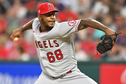 Aug 20, 2021; Cleveland, Ohio, USA; Los Angeles Angels pitcher Jose Marte (68) throws a pitch during the fourth inning against the Cleveland Indians at Progressive Field. Mandatory Credit: Ken Blaze-USA TODAY Sports
