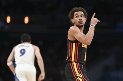 Mar 10, 2023; Washington, District of Columbia, USA;  Atlanta Hawks guard Trae Young (11) reacts after making a three point shot during the first half against the Washington Wizards at Capital One Arena. Mandatory Credit: Tommy Gilligan-USA TODAY Sports