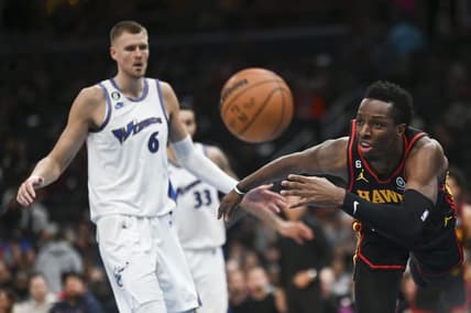 Mar 10, 2023; Washington, District of Columbia, USA;  Atlanta Hawks forward Onyeka Okongwu (17) divers for loose ball during the first half against the Washington Wizards at Capital One Arena. Mandatory Credit: Tommy Gilligan-USA TODAY Sports