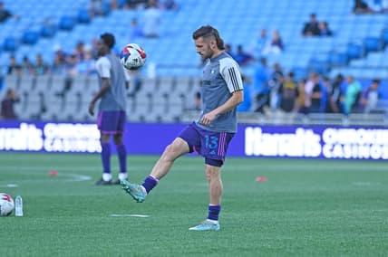 Mar 25, 2023; Charlotte, North Carolina, USA; Charlotte FC midfielder Brandt Bronico (13) juggles ball before the match against New York Red Bulls at Bank of America Stadium. Mandatory Credit: Griffin Zetterberg-USA TODAY Sports