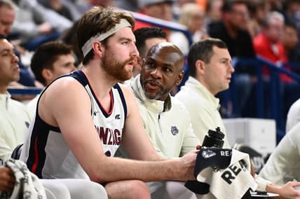 Feb 9, 2023; Spokane, Washington, USA; Gonzaga Bulldogs assistant coach Roger Powell Jr., right, talks with Gonzaga Bulldogs forward Drew Timme (2) during a game against the San Francisco Dons in the second half at McCarthey Athletic Center. Mandatory Credit: James Snook-USA TODAY Sports
