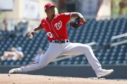 Mar 26, 2023; Jupiter, Florida, USA;  Washington Nationals starting pitcher Josiah Gray (40) pitches against the Miami Marlins during the first inning at Roger Dean Stadium. Mandatory Credit: Rhona Wise-USA TODAY Sports