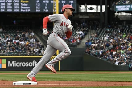 Apr 5, 2023; Seattle, Washington, USA; Los Angeles Angels catcher Logan O'Hoppe (14) runs around third base after hitting a two-run home run against the Seattle Mariners during the second inning at T-Mobile Park. Mandatory Credit: Michael Thomas Shroyer-USA TODAY Sports