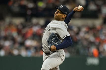 Apr 8, 2023; Baltimore, Maryland, USA;  New York Yankees starting pitcher Jhony Brito (76)  throws a first inning pitch against the Baltimore Orioles at Oriole Park at Camden Yards. Mandatory Credit: Tommy Gilligan-USA TODAY Sports