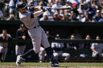 Apr 8, 2023; Baltimore, Maryland, USA;  New York Yankees right fielder Aaron Judge (99) hits a  a third inning solo home run against the Baltimore Orioles  at Oriole Park at Camden Yards. Mandatory Credit: Tommy Gilligan-USA TODAY Sports