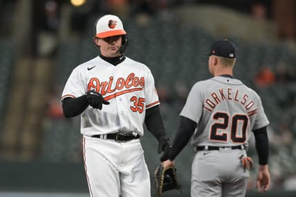 Apr 22, 2023; Baltimore, Maryland, USA; Baltimore Orioles designated hitter  Adley Rutschman (35) reacts after hitting a rbi single in the third inning against the Detroit Tigers at Oriole Park at Camden Yards. Mandatory Credit: Tommy Gilligan-USA TODAY Sports