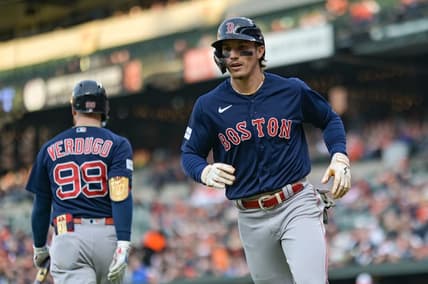 Apr 25, 2023; Baltimore, Maryland, USA; Boston Red Sox center fielder Jarren Duran (16) runs to the dugout after scoring during the second inning against the Baltimore Orioles  at Oriole Park at Camden Yards. Mandatory Credit: Tommy Gilligan-USA TODAY Sports