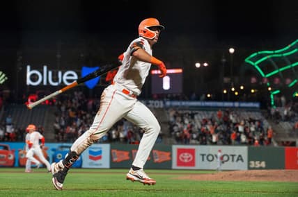 Apr 25, 2023; San Francisco, California, USA;  San Francisco Giants catcher Blake Sabol (2) motions to the crowd after hitting a walk off home run during the ninth inning against the St. Louis Cardinals at Oracle Park. Mandatory Credit: Ed Szczepanski-USA TODAY Sports