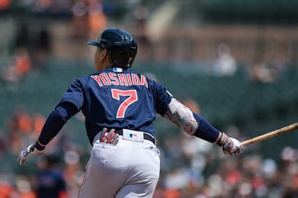 Apr 26, 2023; Baltimore, Maryland, USA; Boston Red Sox left fielder Masataka Yoshida (7) swings through a second inning home run against the Baltimore Orioles  at Oriole Park at Camden Yards. Mandatory Credit: Tommy Gilligan-USA TODAY Sports