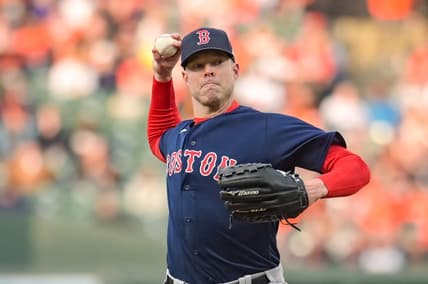 Apr 25, 2023; Baltimore, Maryland, USA; Boston Red Sox starting pitcher Corey Kluber (28) throws a second inning pitch against the Baltimore Orioles  at Oriole Park at Camden Yards. Mandatory Credit: Tommy Gilligan-USA TODAY Sports