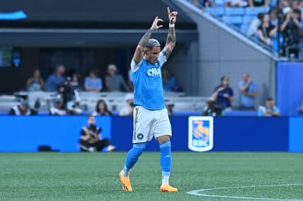 May 6, 2023; Charlotte, North Carolina, USA; Charlotte FC attacker Enzo Copetti (9) celebrates his goal in the first half of the match against New York City FC at Bank of America Stadium. Mandatory Credit: Griffin Zetterberg-USA TODAY Sports