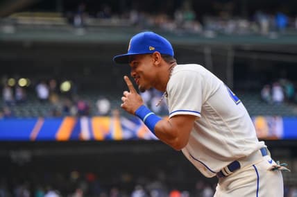 May 7, 2023; Seattle, Washington, USA; Seattle Mariners center fielder Julio Rodriguez (44) reacts to defeating the Houston Astros at T-Mobile Park. Mandatory Credit: Steven Bisig-USA TODAY Sports