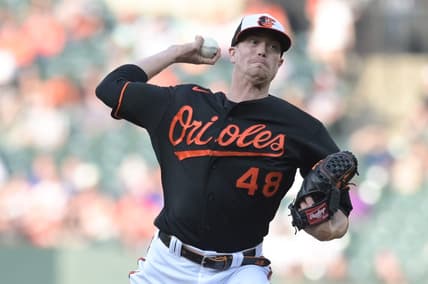 May 8, 2023; Baltimore, Maryland, USA; Baltimore Orioles starting pitcher Kyle Gibson (48) throws a first inning pitch Tampa Bay Rays  at Oriole Park at Camden Yards. Mandatory Credit: Tommy Gilligan-USA TODAY Sports