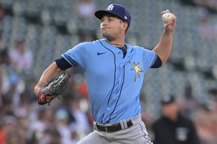 May 8, 2023; Baltimore, Maryland, USA; Tampa Bay Rays starting pitcher Shane McClanahan (18) throws a third inning pitch against the Baltimore Orioles  at Oriole Park at Camden Yards. Mandatory Credit: Tommy Gilligan-USA TODAY Sports