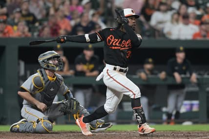 May 12, 2023; Baltimore, Maryland, USA; Baltimore Orioles center fielder Cedric Mullins (31) hits swings through a eighth inning three run homerun against the Pittsburgh Pirates  at Oriole Park at Camden Yards. Mandatory Credit: Tommy Gilligan-USA TODAY Sports